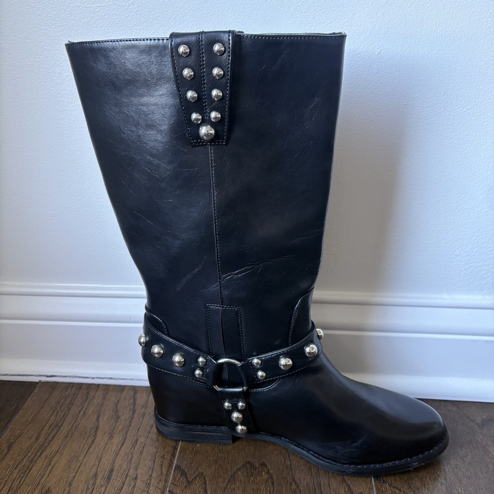 Jessica Simpson Black Milley Studded Moto Boots Silver Harness Hidden Wedge Sz11 - Picture 6 of 10